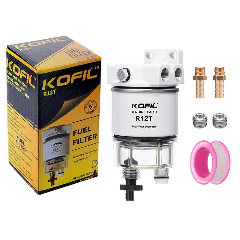 Kofil R12T Fuel Water Separator Marine Fuel Filter/Water Separator Assembly, for Outboard Motor Marine Engine, Replaces# S3240 120AT with 2 3/8" Barb Ã— 1/4" NPT Male Fittings 2 Plugs,10 Micron - Image 1
